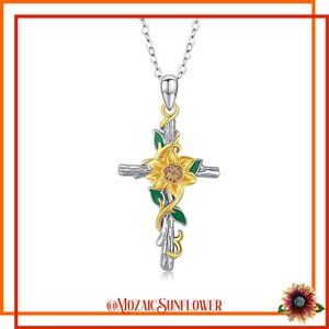 NEW Silver Cross With Sunflower & Amber Crystal Center Necklace